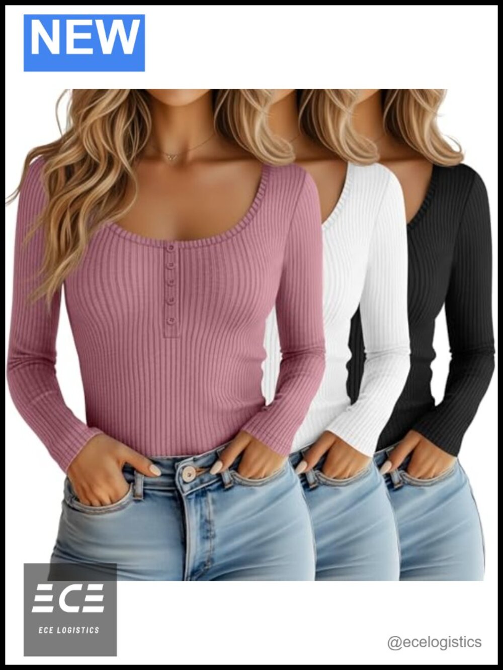 Women Cotton Long Sleeve Henley Shirt Ribbed Button Slim Fit Top
